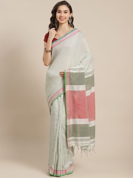 Prakritih Imagination in Khadi Cotton with Green & Maroon Pallu