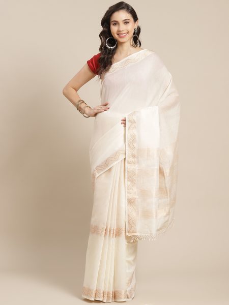 'Prakritih' - White Khadi Tissue Cotton Saree with Ethnic Zari Border