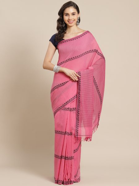 Prakritih Imagination in Khadi Cotton Saree with Pink Stripes & Geometric Motifs