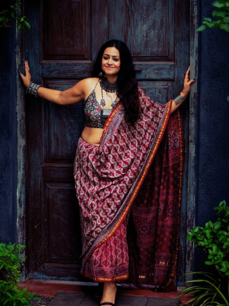 Ishq- Ajrak Block Print Chanderi Silk Saree in Madder Red