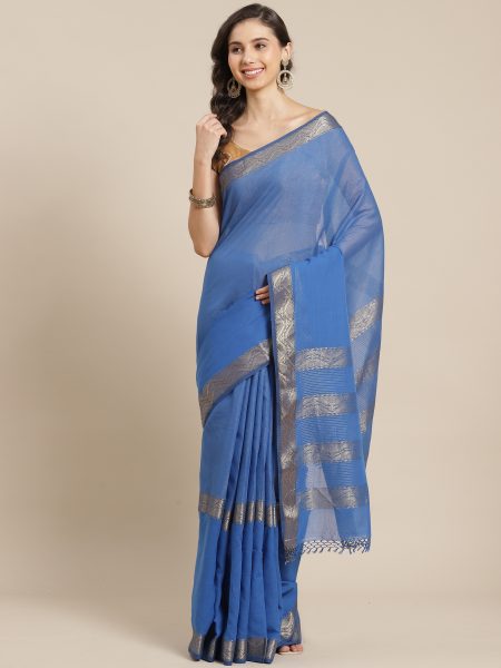 'Prakritih' - Cobalt Blue Khadi Tissue Cotton Saree with Ethnic Zari Border
