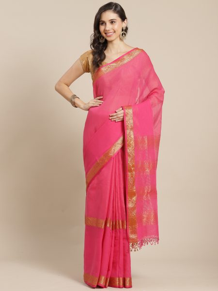 'Prakritih' - Rani Pink Khadi Tissue Cotton Saree with Ethnic Zari Border